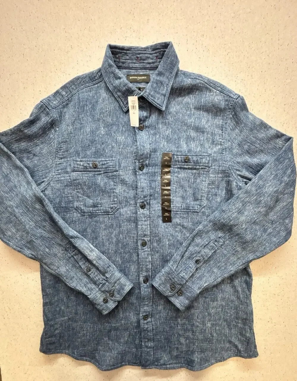 NWT Banana Republic Mens L Tall Button Up Shirt Indigo Blue Slub Chambray $75